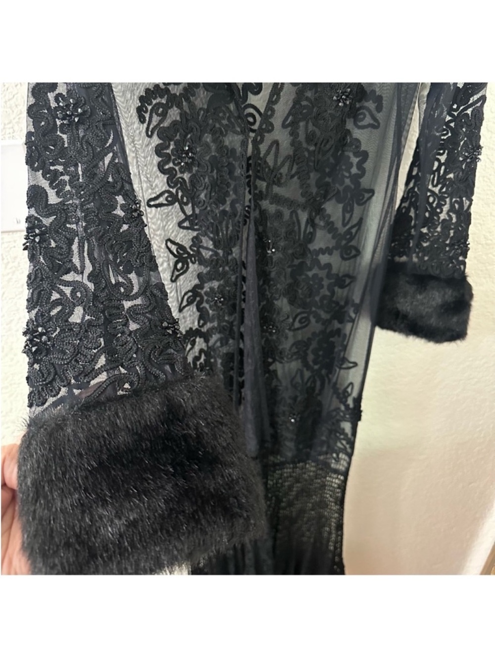 Sue Wong Vintage Crochet Beaded Embroidered Floral Mesh Faux Fur Black Duster - Picture 8 of 10